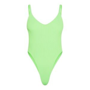 Green Rib Knit Plunge High Side Bodysuit